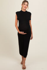 Black Knit Mock Neck Maternity Midi Dress