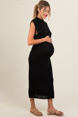 Black Knit Mock Neck Maternity Midi Dress