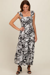 Black Floral Smocked Tiered Maternity Maxi Dress