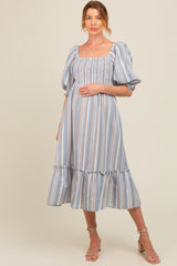 Blue Striped Smocked Puff Sleeve Maternity Midi Dress