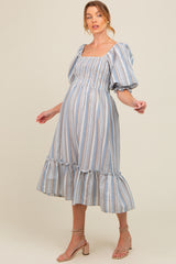 Blue Striped Smocked Puff Sleeve Maternity Midi Dress