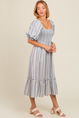 Blue Striped Smocked Puff Sleeve Midi Dress