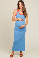 Light Blue Colorblock Side Slit Maternity Maxi Dress