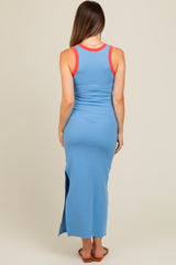 Light Blue Colorblock Side Slit Maternity Maxi Dress