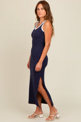 Navy Blue Colorblock Side Slit Maxi Dress