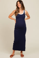 Navy Blue Colorblock Side Slit Maternity Maxi Dress