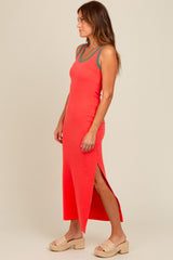 Coral Colorblock Side Slit Maxi Dress