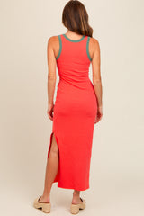 Coral Colorblock Side Slit Maxi Dress