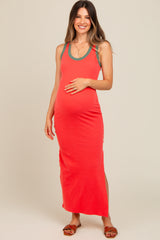 Coral Colorblock Side Slit Maternity Maxi Dress