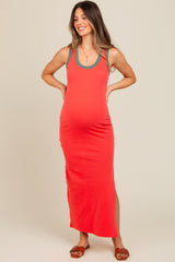 Coral Colorblock Side Slit Maternity Maxi Dress