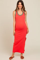 Coral Colorblock Side Slit Maternity Maxi Dress