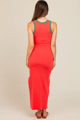 Coral Colorblock Side Slit Maternity Maxi Dress