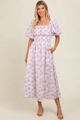 Lavender Floral Puff Sleeve Maternity Midi Dress