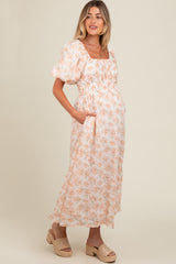 Peach Floral Puff Sleeve Maternity Midi Dress