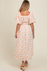 Peach Floral Puff Sleeve Maternity Midi Dress