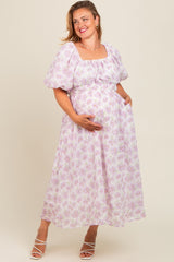 Lavender Floral Puff Sleeve Maternity Plus Midi Dress