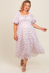 Lavender Floral Puff Sleeve Maternity Plus Midi Dress