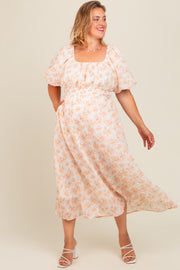 Peach Floral Puff Sleeve Maternity Plus Midi Dress