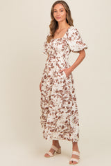 Brown Floral Puff Sleeve Midi Dress