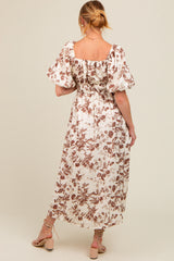 Brown Floral Puff Sleeve Maternity Midi Dress