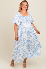 Blue Floral Puff Sleeve Maternity Plus Midi Dress