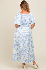 Blue Floral Puff Sleeve Maternity Plus Midi Dress