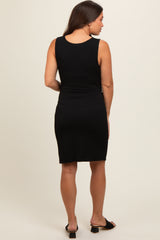 Black Ruched Sleeveless Maternity Fitted Dress