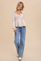 Almond Washed Satin Cross Ruffled Long Sleeve Blouse