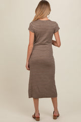 Brown Striped Side Slit Maternity Midi Dress