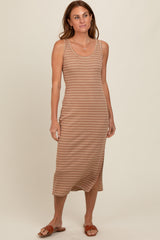 Rust Striped Sleeveless Maternity Midi Dress