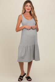 Heather Grey Tiered Sleeveless Maternity Midi Dress