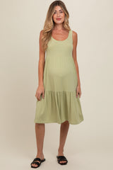 Light Olive Tiered Sleeveless Maternity Midi Dress