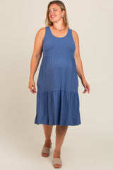 Blue Tiered Sleeveless Maternity Plus Midi Dress