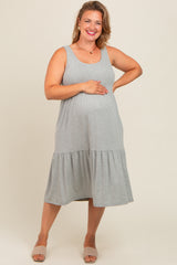 Heather Grey Tiered Sleeveless Maternity Plus Midi Dress