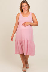 Pink Tiered Sleeveless Maternity Plus Midi Dress