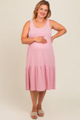 Pink Tiered Sleeveless Maternity Plus Midi Dress