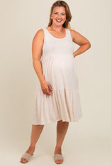 Beige Tiered Sleeveless Maternity Plus Midi Dress