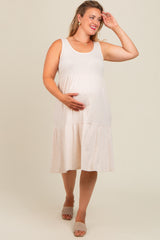 Beige Tiered Sleeveless Maternity Plus Midi Dress