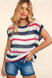 Navy Striped Crochet Knit Top