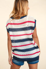 Navy Striped Crochet Knit Top