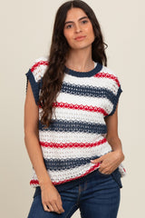 Navy Striped Crochet Knit Top