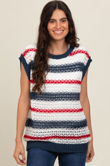 Navy Striped Crochet Knit Top