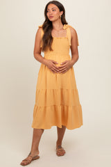 Yellow Smocked Tie Strap Tiered Maternity Midi Dress