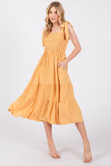 Yellow Smocked Tie Strap Tiered Maternity Midi Dress