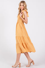 Yellow Smocked Tie Strap Tiered Midi Dress