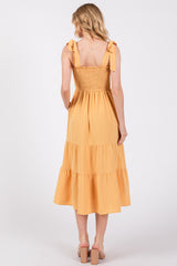 Yellow Smocked Tie Strap Tiered Midi Dress