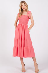 Salmon Smocked Tie Strap Tiered Midi Dress