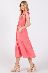 Salmon Smocked Tie Strap Tiered Midi Dress