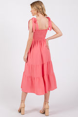 Salmon Smocked Tie Strap Tiered Midi Dress