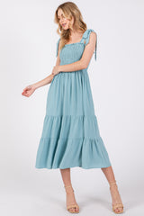 Light Blue Smocked Tie Strap Tiered Maternity Midi Dress